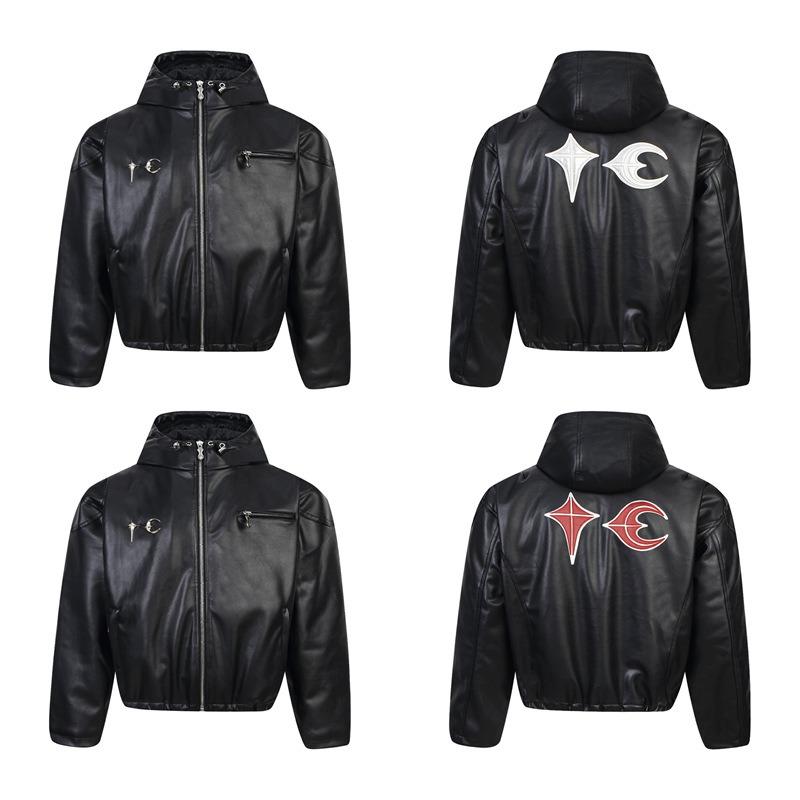 EastRogue American Retro PU Leather Star and Moon Patch Embroidery Zipper Jacket