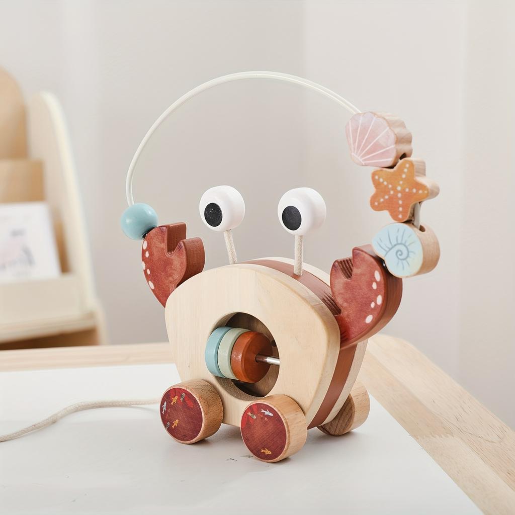 Wooden Crab Beading Toy With Beads And Drawstring, Wooden Wheels, Hand Eye Coordination Educational Toy