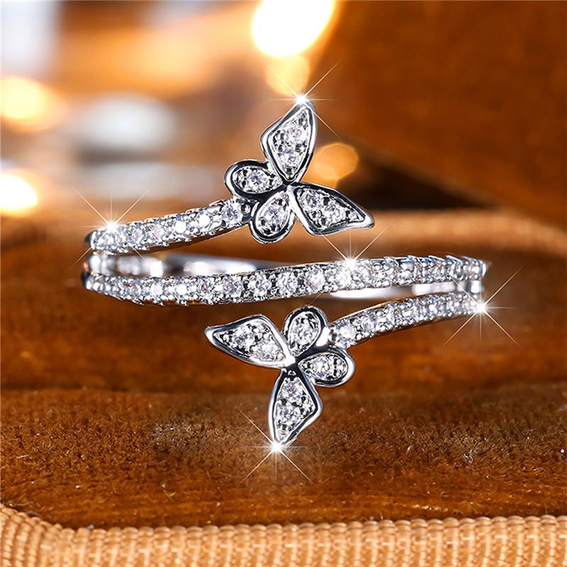 Luxury Female Small White Zircon Stone Butterfly Engagement Ring Trendy Silver Color Bride Wedding  Gift For Women