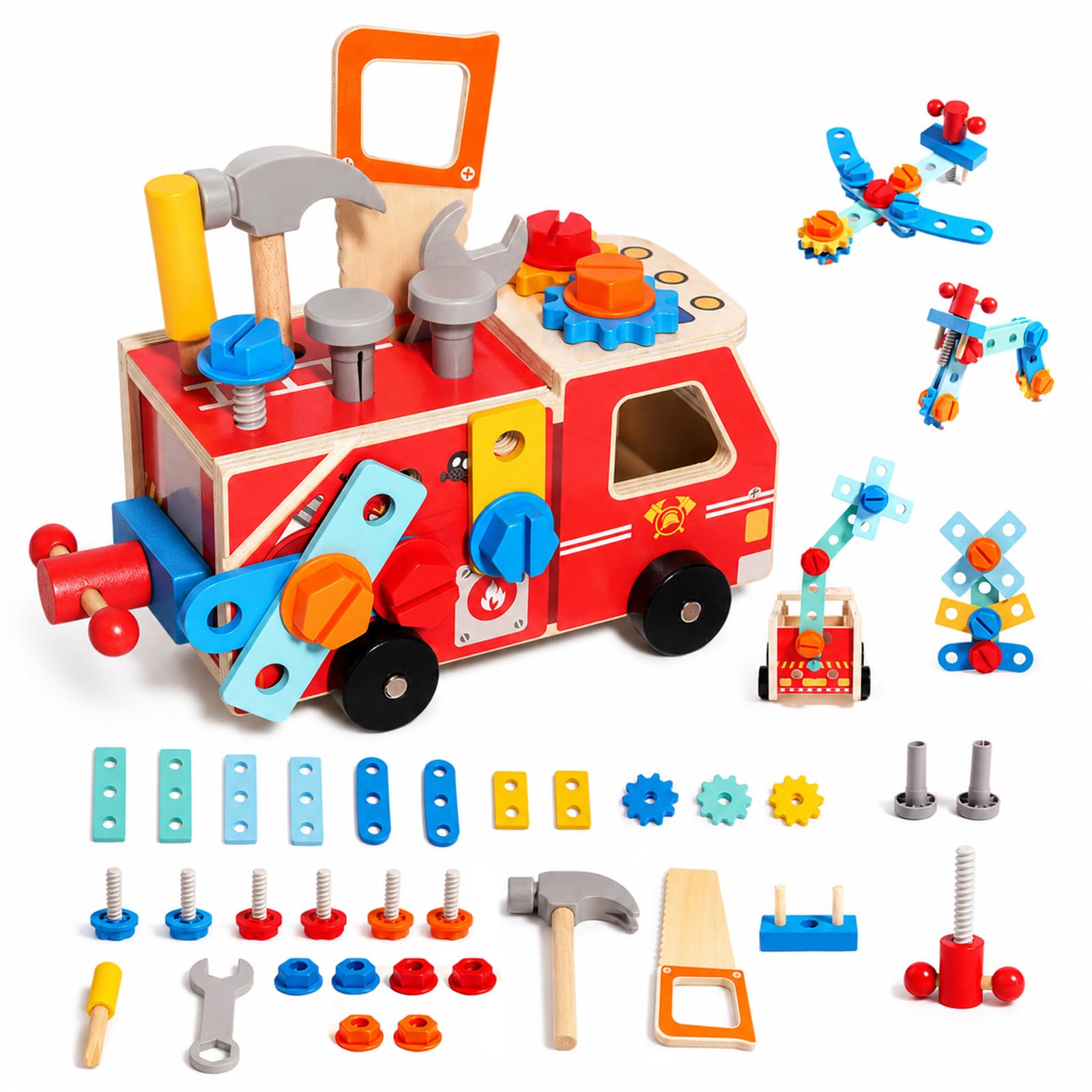 AOMACO Educational Toy Fire Truck Carpenter Pretend Play Assembly and Disassembly DIY Tool Set Building Car Toy Wooden Puzzle Wooden Toy Building