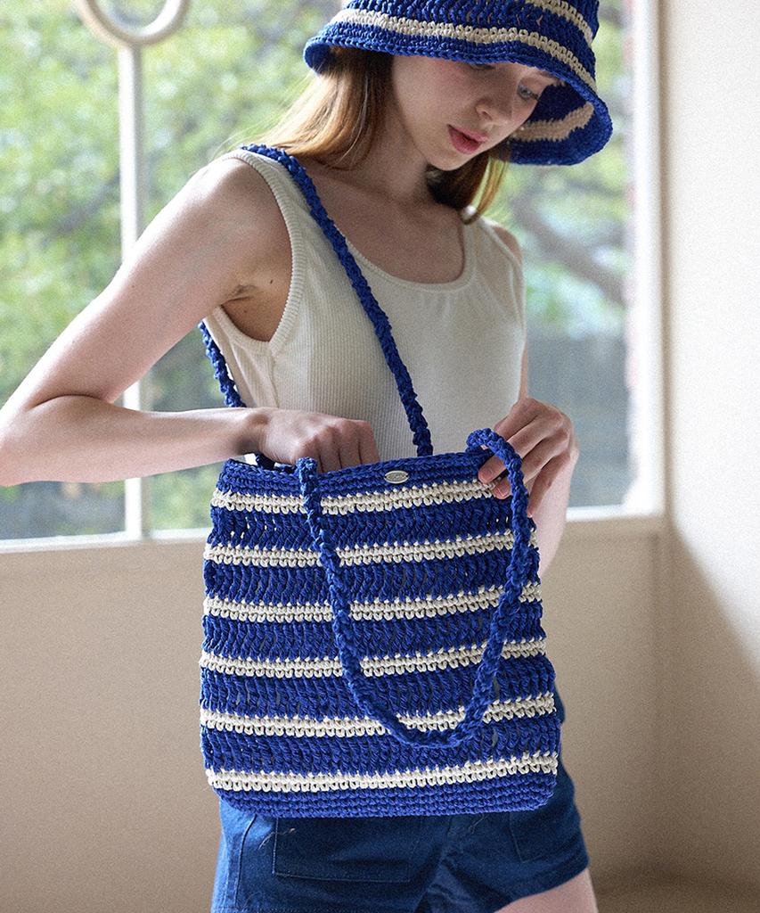 Slowslowly Moroccan Handmade Crochet Stripe Shoulder Bag _ Blue