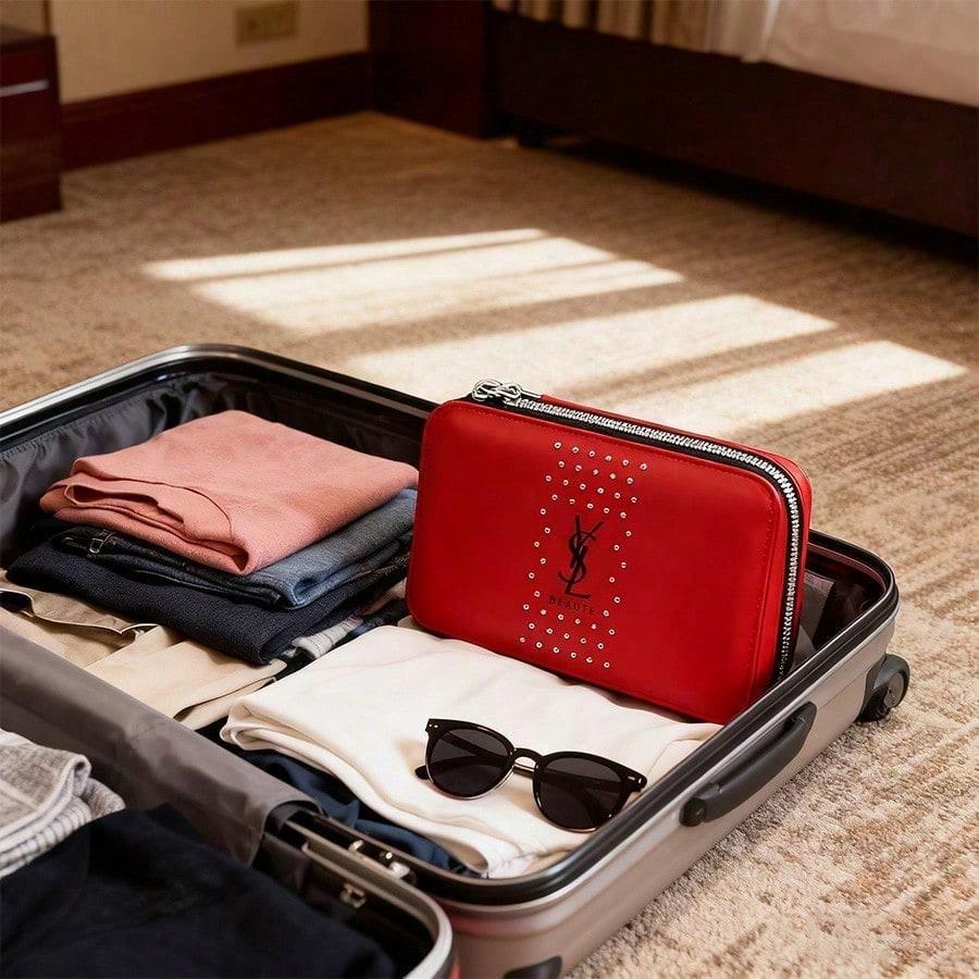 Kosmetiktasche aus rotem Lackleder - glänzendes quadratisches Kosmetiketui, modische Aufbewahrungsbox. YSL-GESCHENK-65