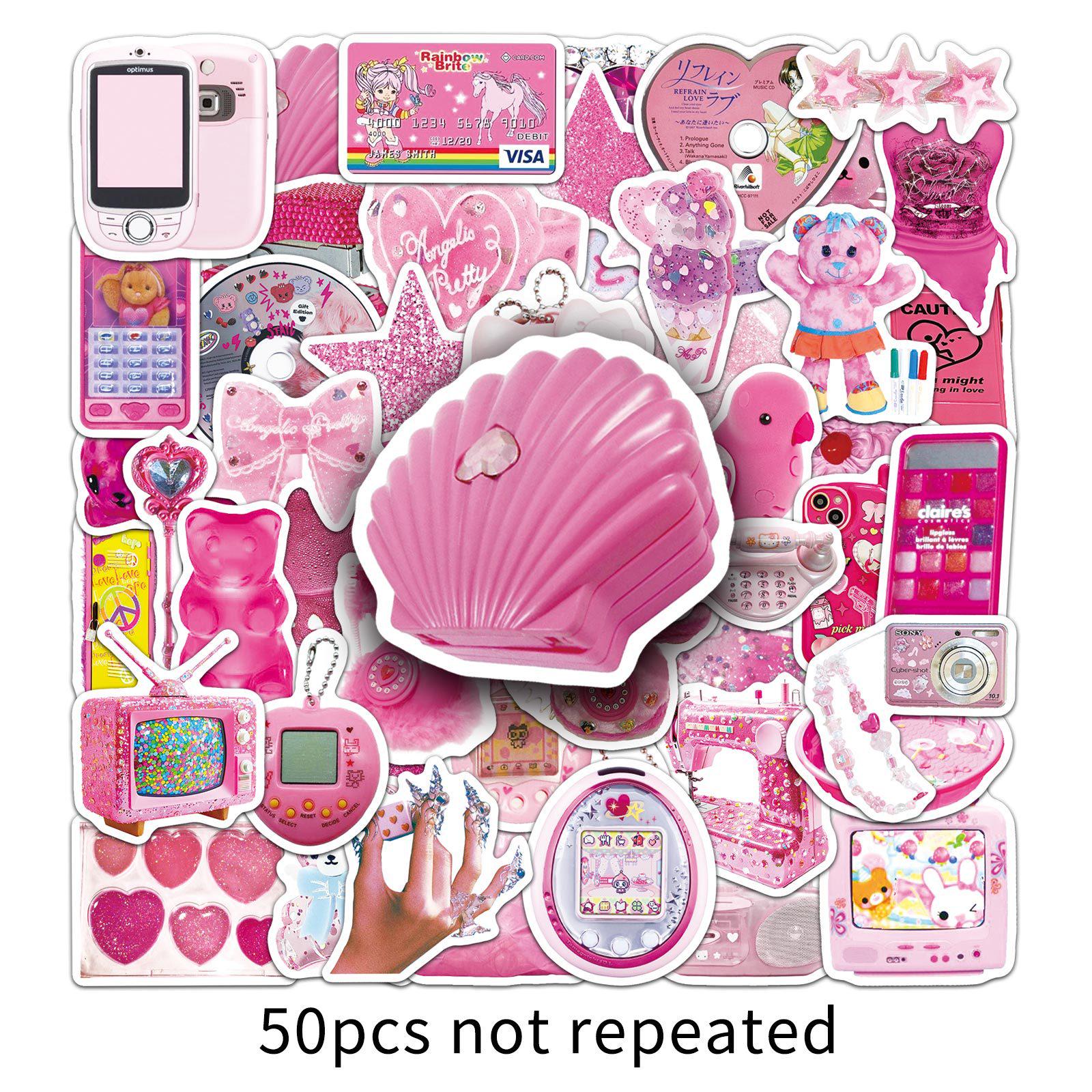 

50 Розовых Мультяшных Стикеров в Стиле Y2K: Милый корейский стиль для телефона, чайной чашки и дневника DIY