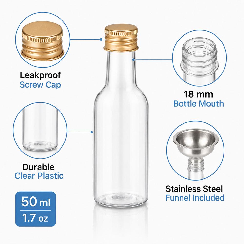 10/30/50/100Pcs Plastic Liquor Bottle Set Mini 1.7 Oz Clear Juice Bottle Cereal Silver/Gold Caps Bottle Party Decorative Bottles