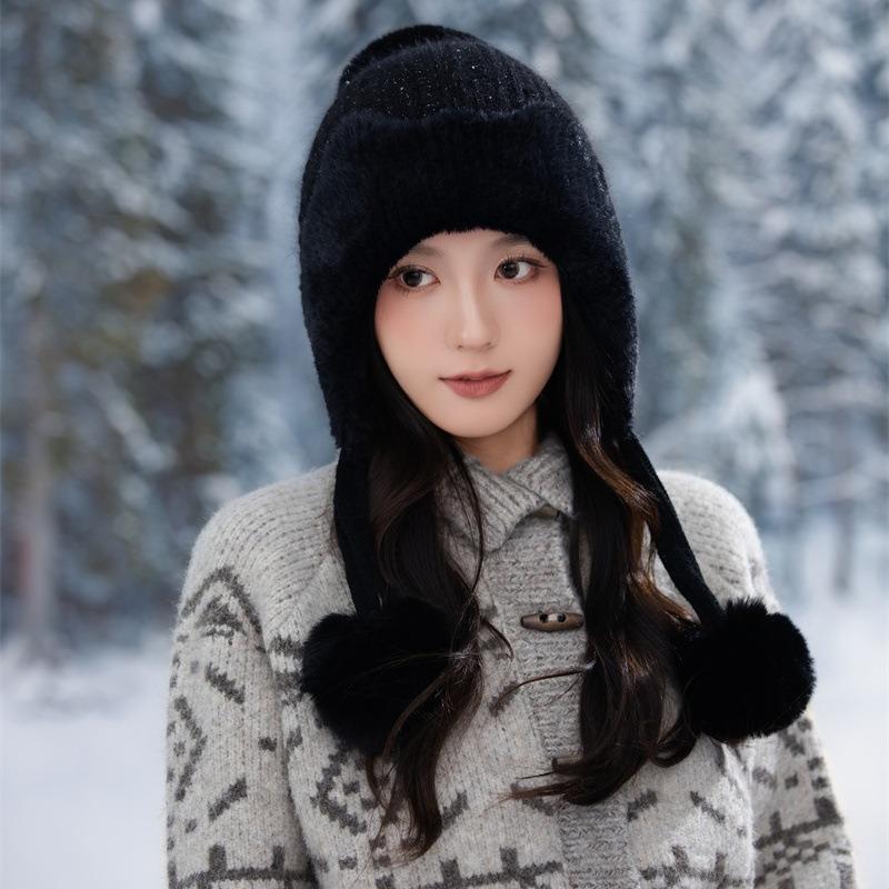 New Fleece Warm Knitted Hat Autumn and Winter Thickened Pullover Ear Protector Wool Fleece Hat Women's Hairball Hat