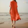 Women's Fashionable Cotton And Linen Button Solid-color Half-sleeved Loose Pocket Dress