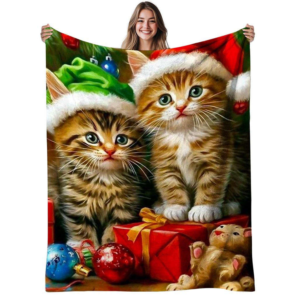 1pc Cozy Flannel Blanket with Cute Tabby & Tuxedo Kittens in Santa Hats - Soft Warm 280gsm All-Season Bedspread for Christmas, Bed, Sofa - Brown & Whi