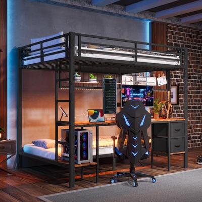 Pat supraetajat/Pat etajat 90x200 & 140x200 LED, USB, 2 sertare, spații de depozitare și rafturi, cadru metalic (fără saltea), Negru