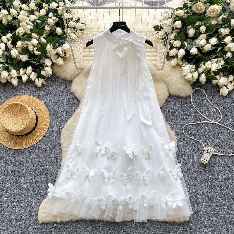 

Gentle Style Neckline Bow Strap Hanging Neck Sleeveless Dress Women French style Three-Dimensional Butterfly Mesh Fairy Formal Dress White One size