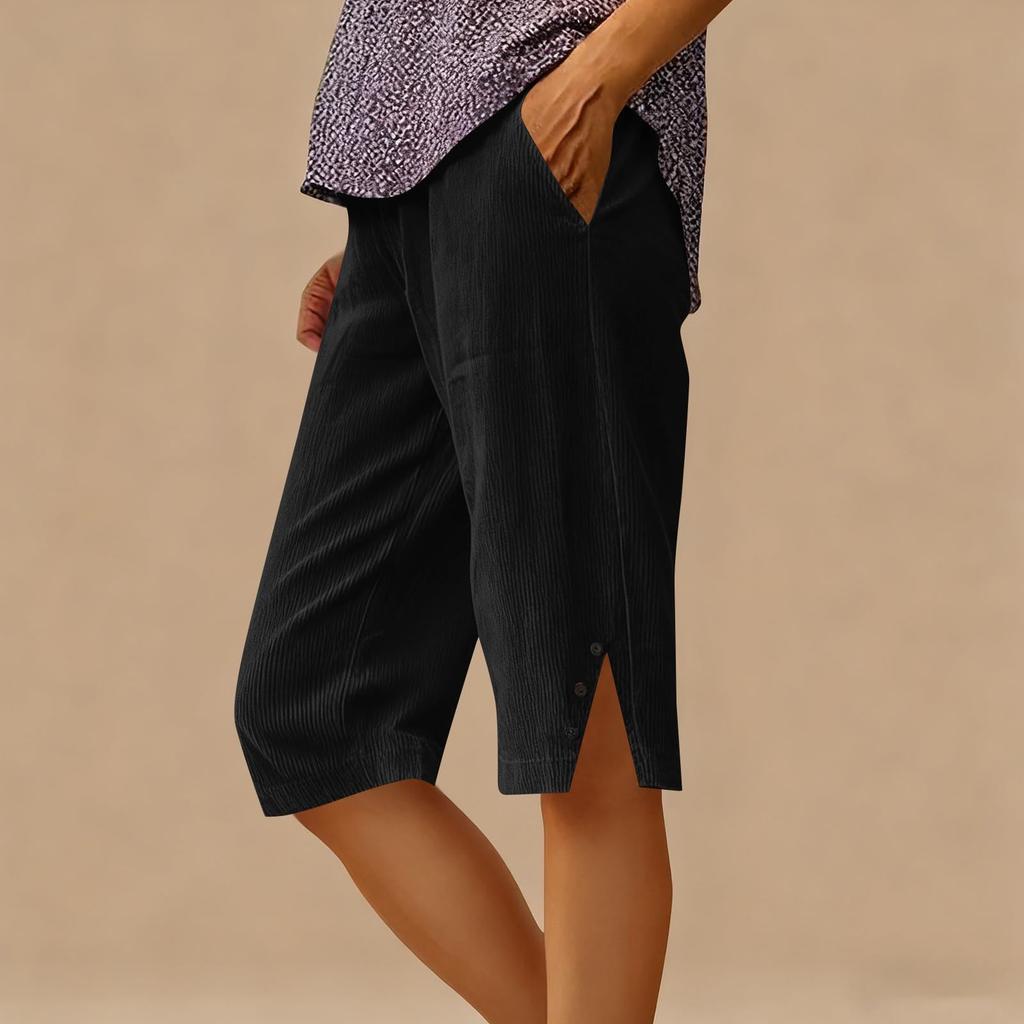 Women’s Corduroy Knee Length Shorts Relaxed Fit Button Side Pockets Casual Lightweight Soft Material