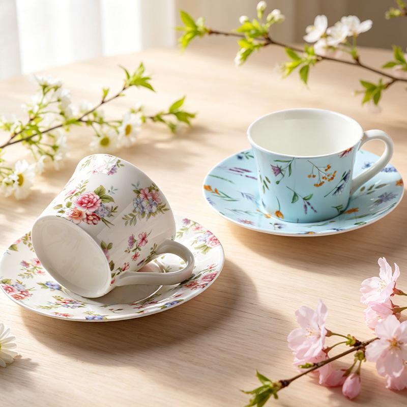 300ML French Ceramic Small Floral Coffee Mug Saucer Exquisite Afternoon Tea Flower Tea Cup Vintage Latte Cup Home Breakfast Mug