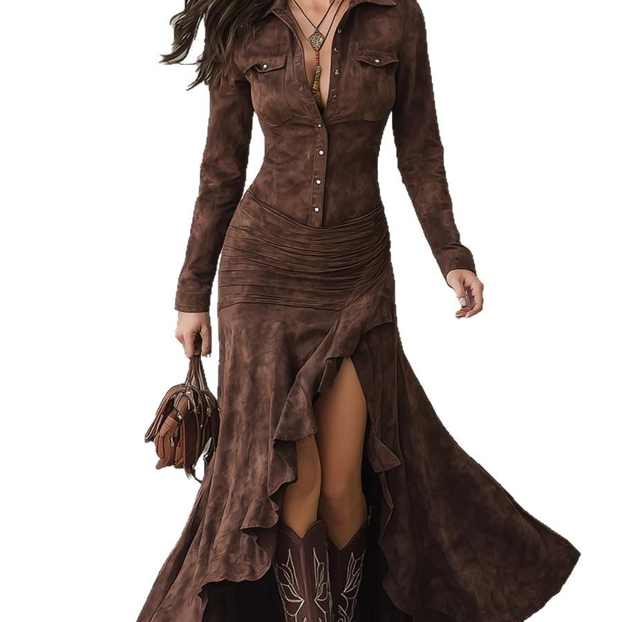 Autumn/Winter 2025 Asymmetrical Ruffle Zipper Lapel Slit Long Dress