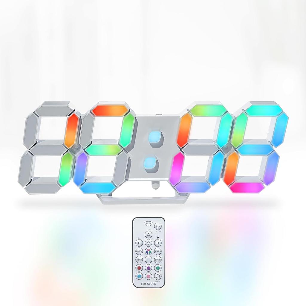 KOSUMOSU Multi-Color Digital Clock 7-Color LED Wall RGB Desk Adjustable Brightness Neon 9.7 Inch Remote Control Time Display (12 24 Hour) Date ( )