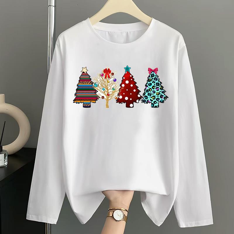 (Asian Size) Style Merry Christmas New Year Graphic Tee Women Autumn Winter Casual Fashion Top O-neck Clothing Print T Shirt Long Sleeve T-shirts