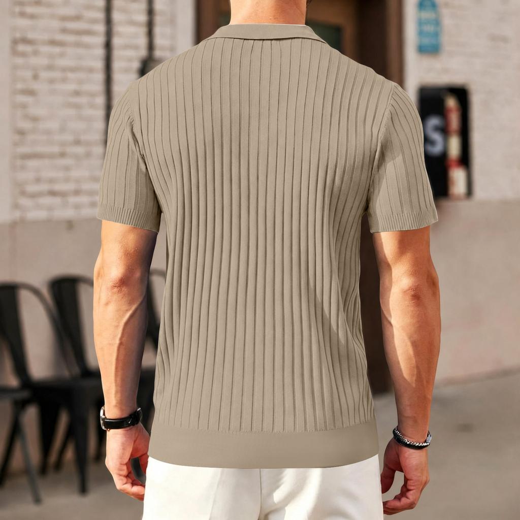 Men's Summer Short Sleeve Polo Shirt Ribbed Knit Half Zip Collar Casual Lightweight Breathable Pullover Top for Everyday Wear