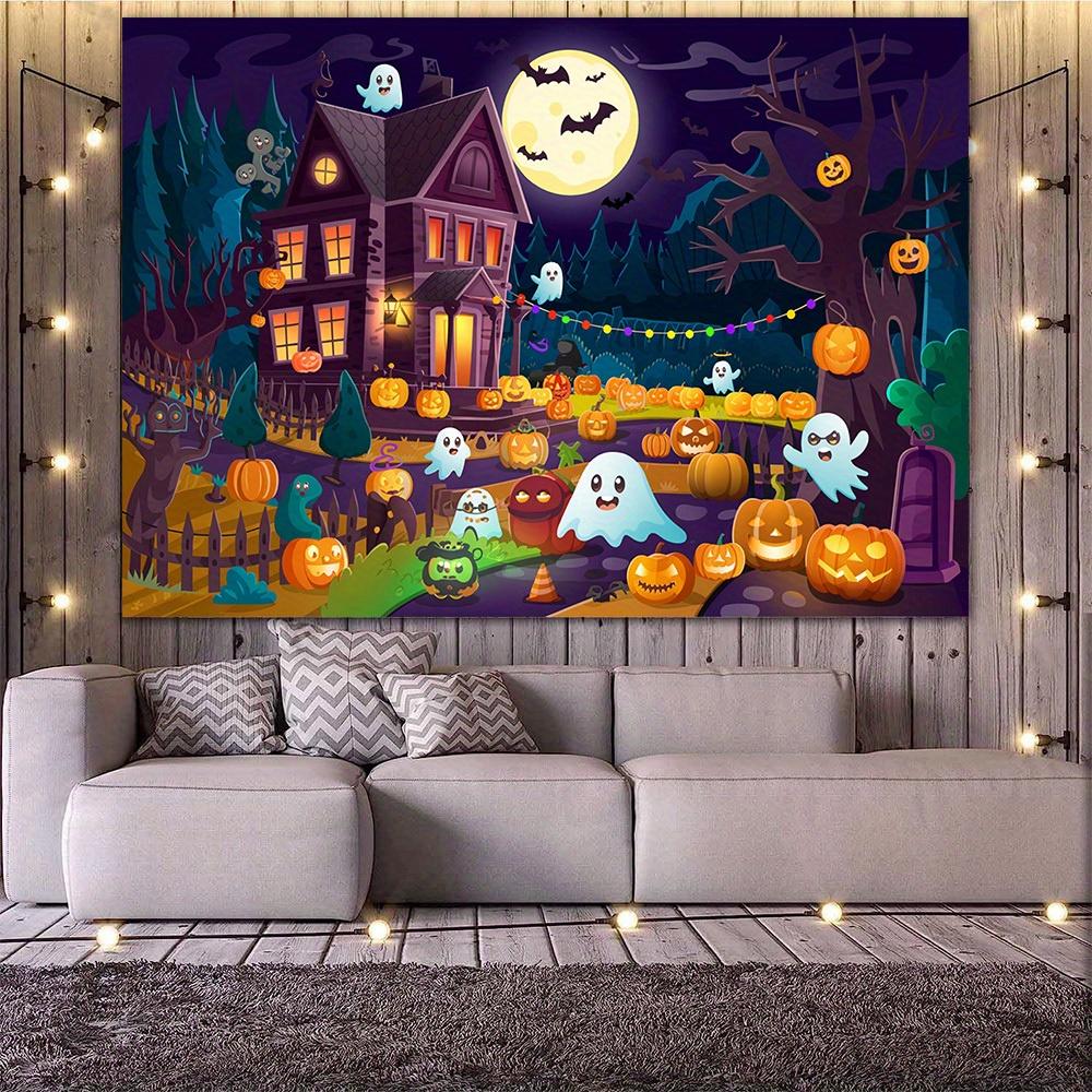 1 Terrifying Cartoon Cursed House Night Photography Background - Fabric Photo Background with Lantern Bat and Full Moon