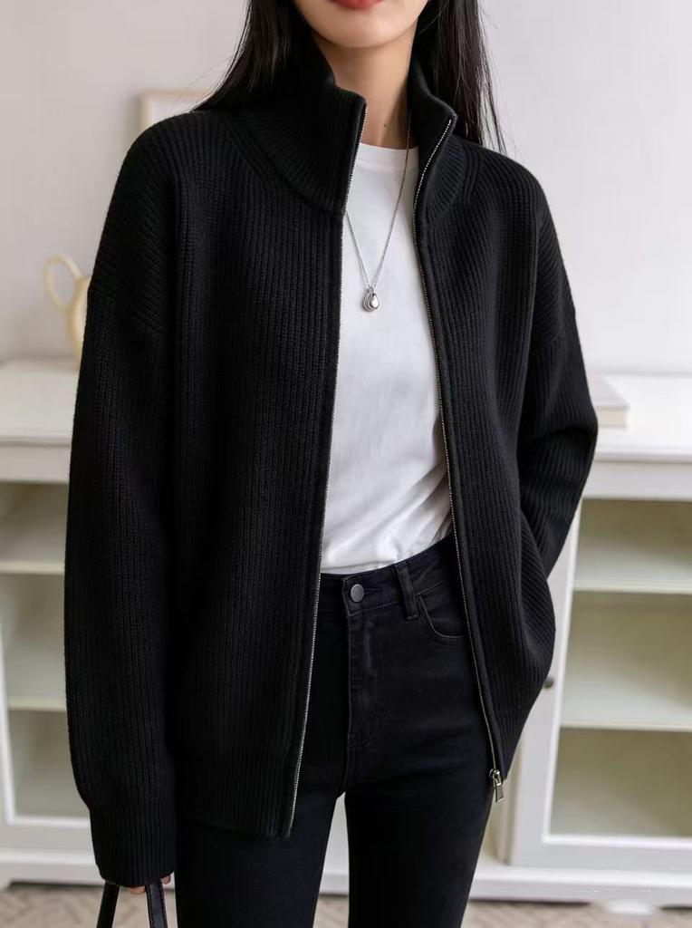 Cárdigan Grueso de Punto para Mujer, Cuello Semi Alto con Cremallera, Manga Larga, Top Casual