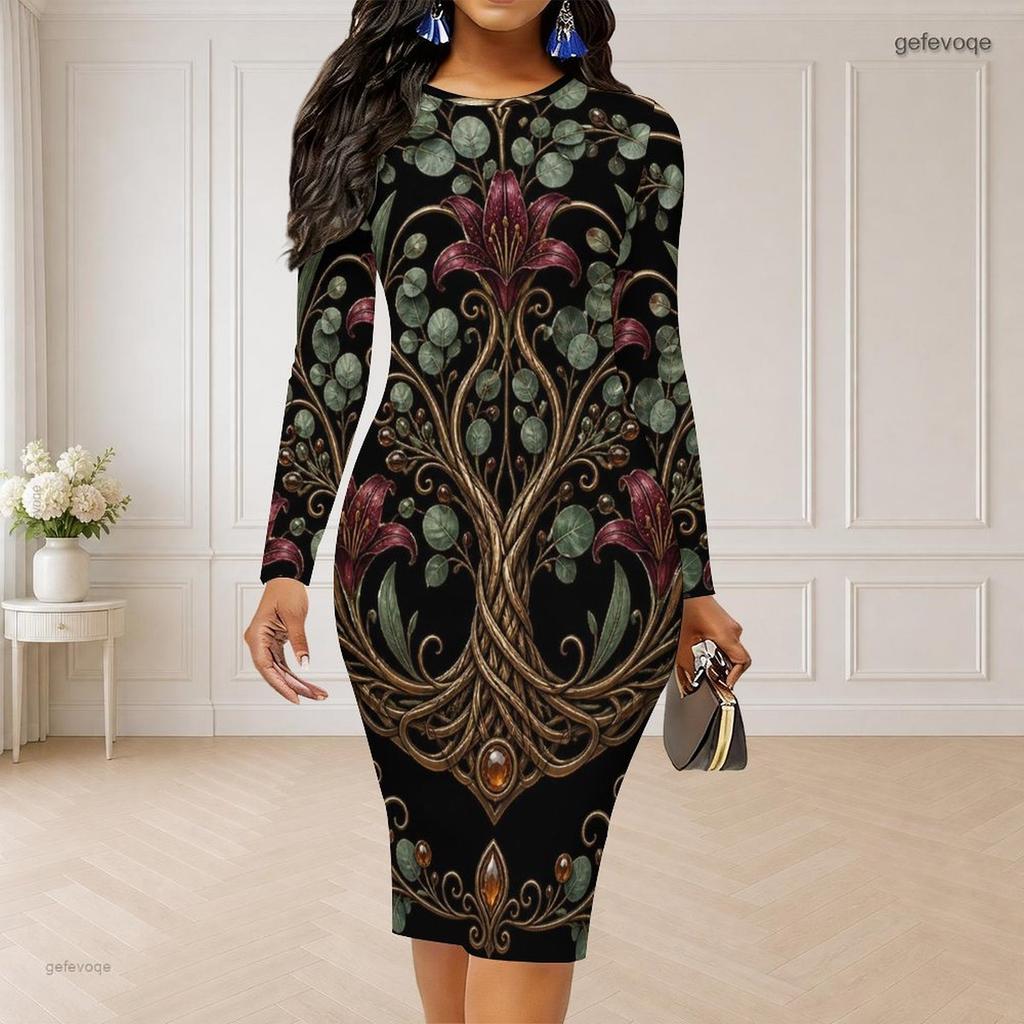 Women Plus Size Round Neck Long Sleeve Black Printed Bodycon Midi Dress