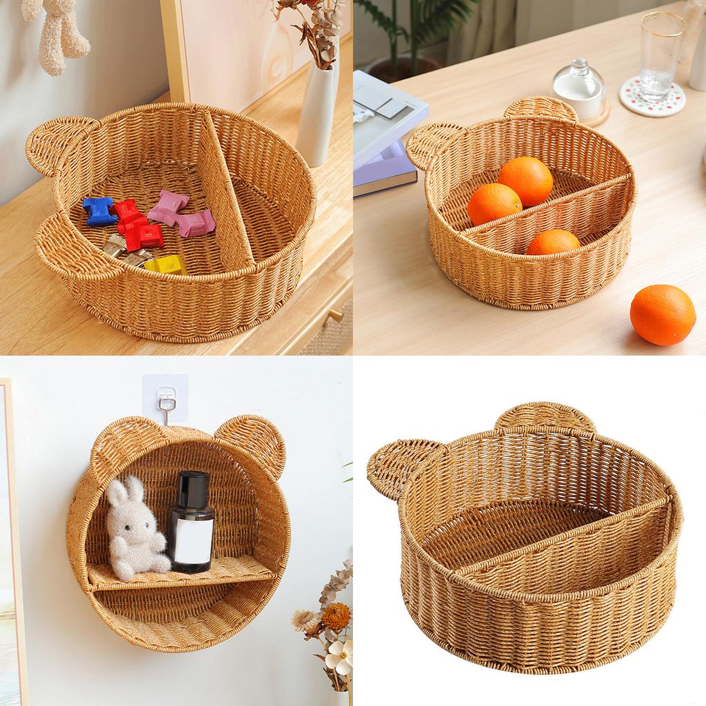 Cartoon Styles Sturdy Rattan Wall Mounted Storage Shelf with Bear Ears Designs for Organizing Accessories and Toy