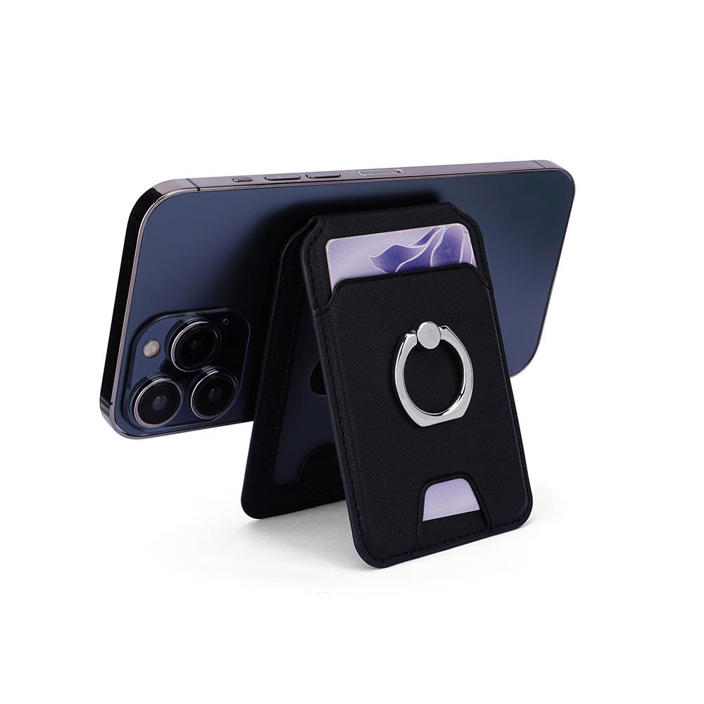 Compatible Apple MagSafe Leather Card Holder and Phone Stand with ID Storage and Finger Ring.