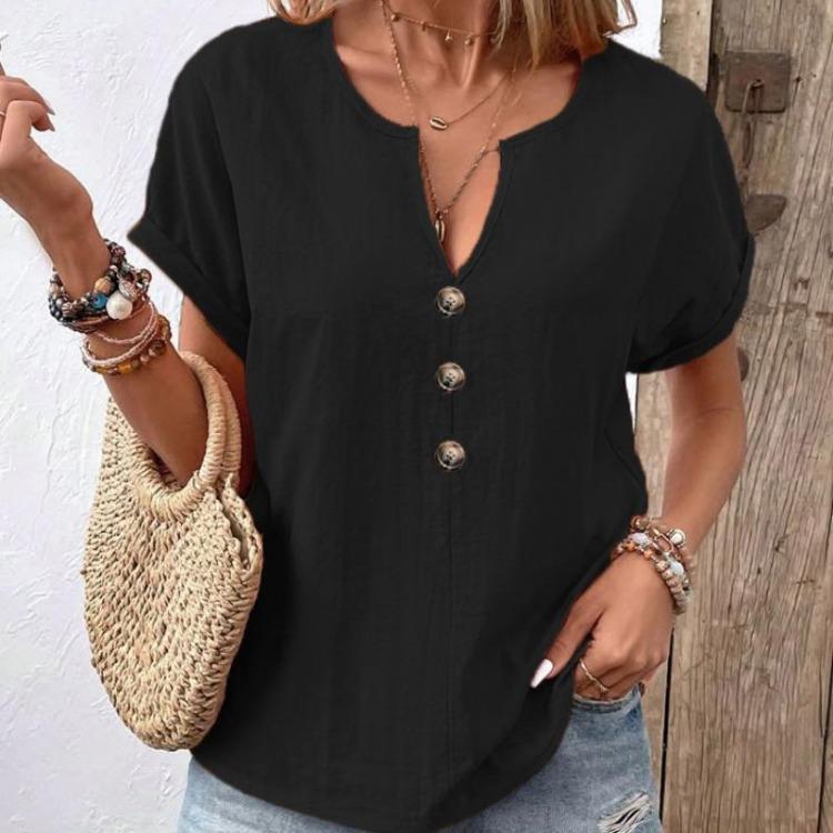 Summer Casual Women Short Sleeve V Neck Button Down Solid Color Top