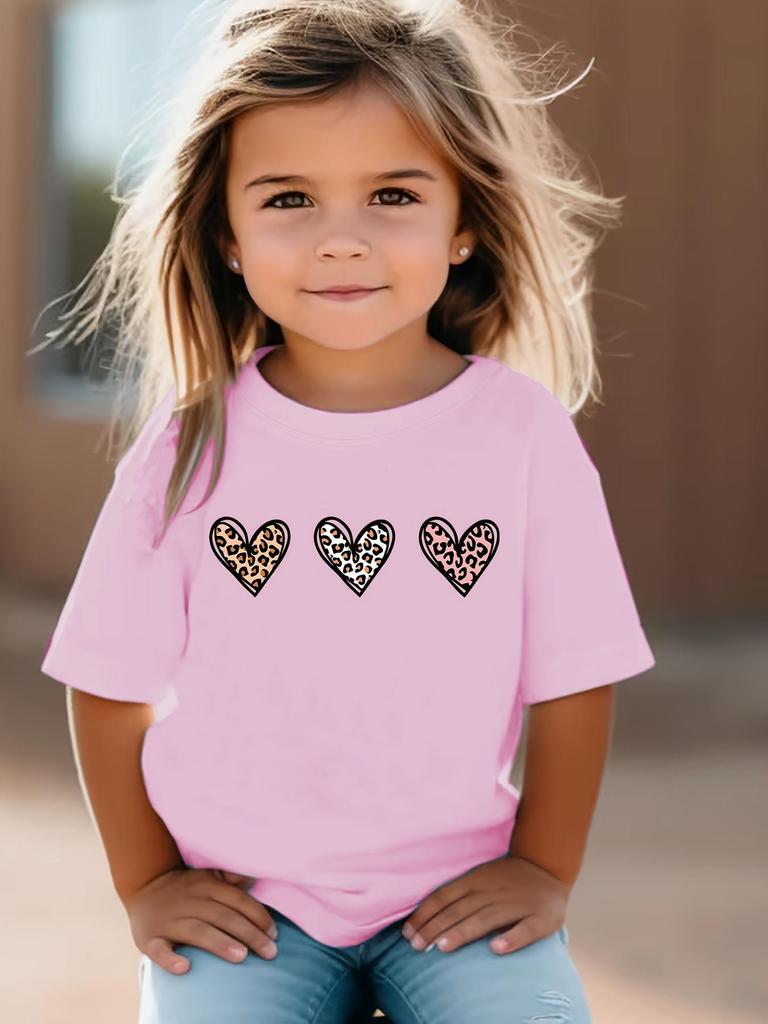 Leopard Heart Pattern Girls' T-Shirt, Short-Sleeved, Ages 1-8