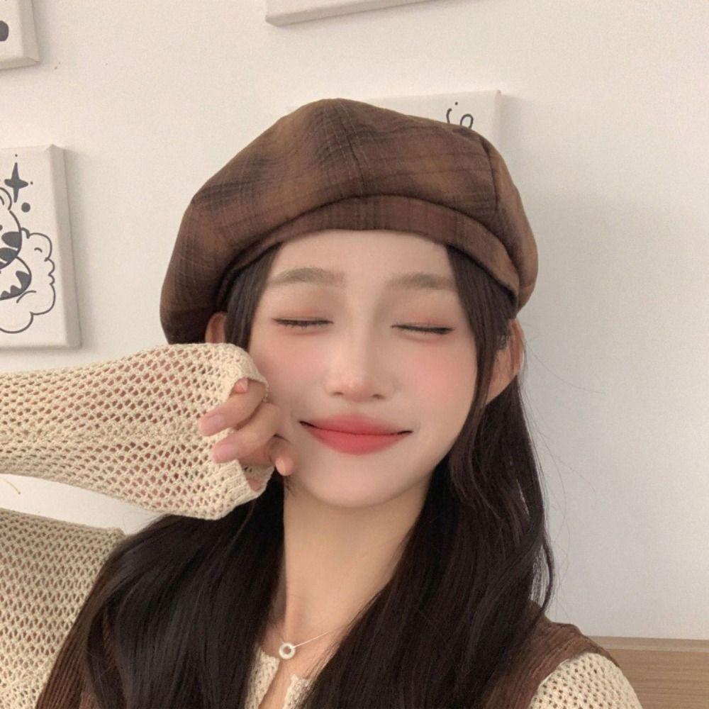 Street Style Plaid Beret Hat Y2K Octagonal Hat Simple Painter Hat  Winter