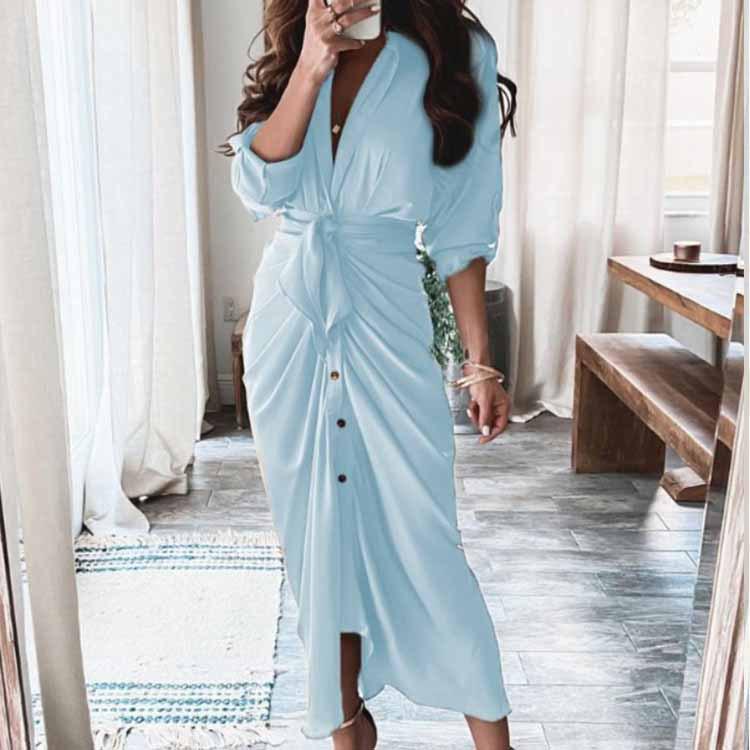 2026 Frühling Elegantes Sexy Bedrucktes V-Ausschnitt Bindeband High-Waist Kleid für Damen