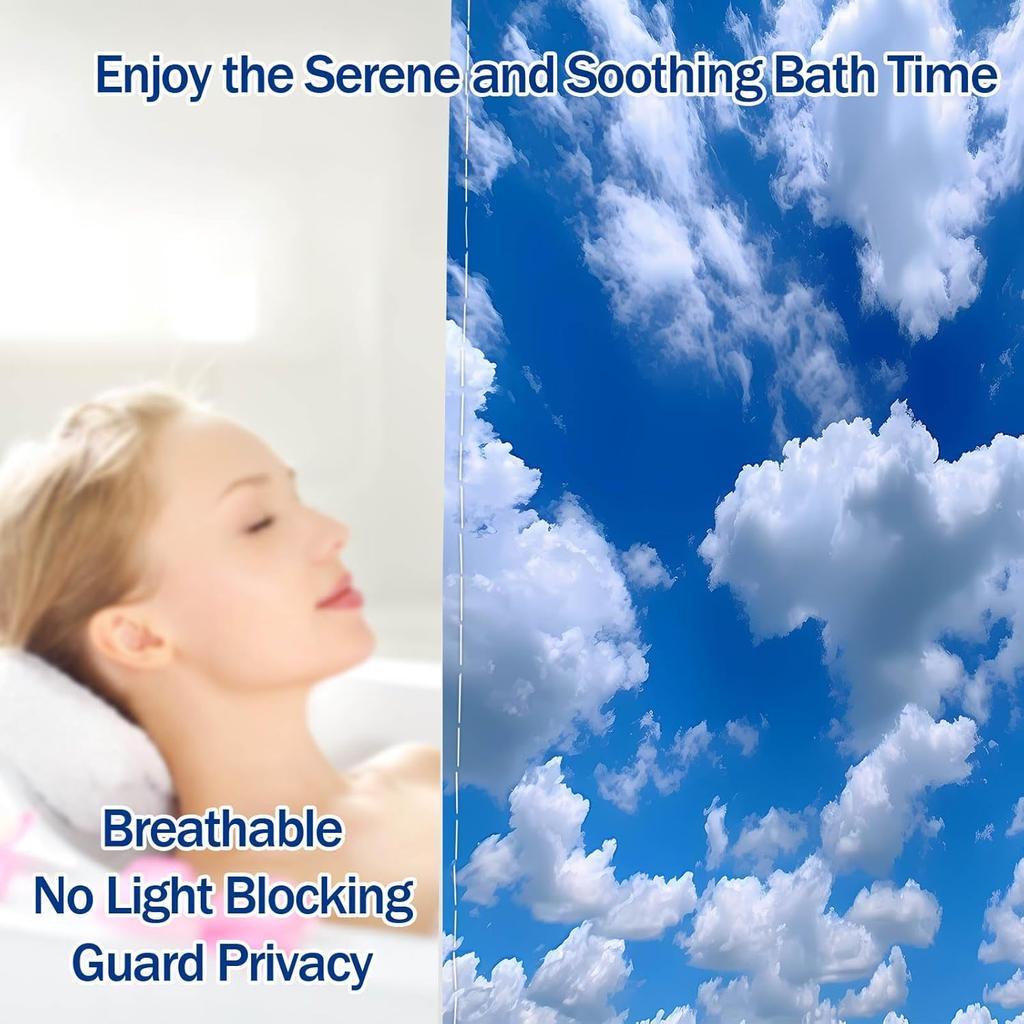 Blue Sky Shower Curtain White Clouds Nature Scenic Landscape Bathroom Decor, Waterproof Cloth Fabric with Hooks, 72x72 inch