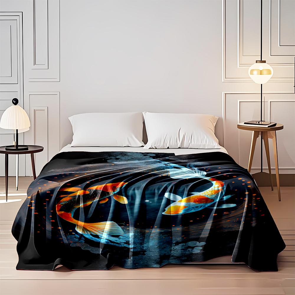 Koi Fish Yin-Yang Design, Dark and Vibrant Colors Flannel Blanket for Bedroom, Living Room, Sofa, and Nap Sofas.