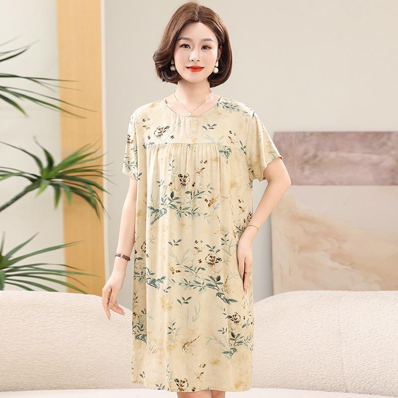 Floral Print Cotton Silk Knee-Length Dress for Middle-Aged Women – Lightweight, Short-Sleeved, Loose-Fit, Plus Size