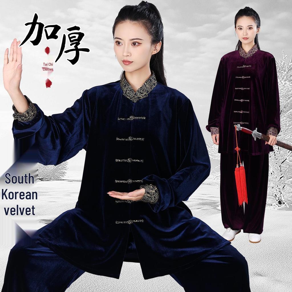 Abbigliamento di alta gamma coreano in velluto per la pratica del Tai Chi da donna con colletto a nuvola propiziatoria - Uniforme per arti marziali per performance autunnali/invernali