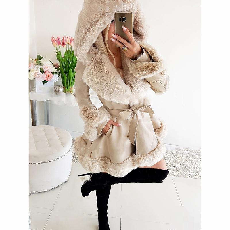 Fur Jackets Women Elegant Fur Belt Coat Streetwear Lapel Warm Hooded Jacket