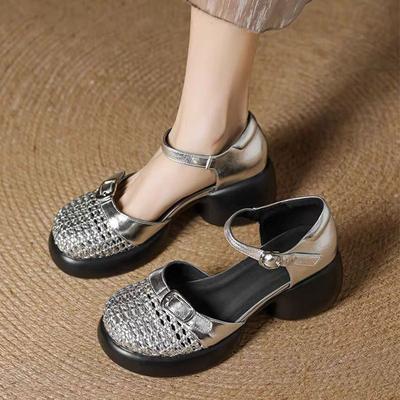 French Retro Hollow Bag Head Sandals  Summer New Thick Heel Thick Sole Word Bag Heel Roman Sandals