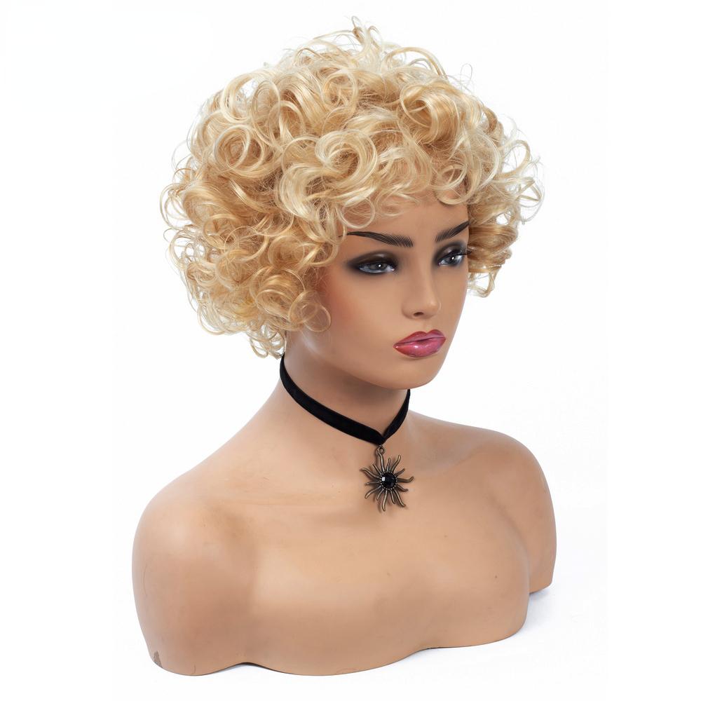 Short Curly Synthetic Wigs With Bangs Golden Party Hair for Women Blonde Mixed Colors High Temperature Fiber Wigs