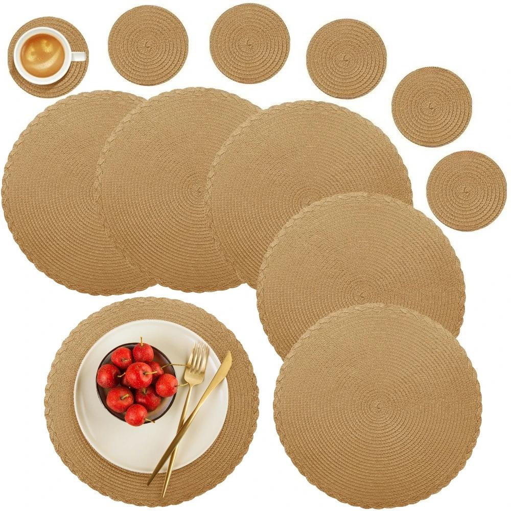 6Pcs Round Table Mat and Cup Coasters Set Woven Ramie Placemats Anti Slip Dining Placemats Non-Slip Tableware Bowl Pads Kitchen