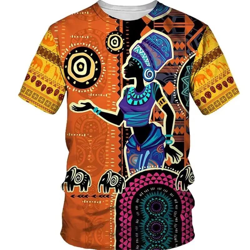 

Summer Vintage Trend African Dance Pattern Short Sleeve Daily Casual Fashion Sports Style Comfortable Men s Round Neck Loose T-s XXS