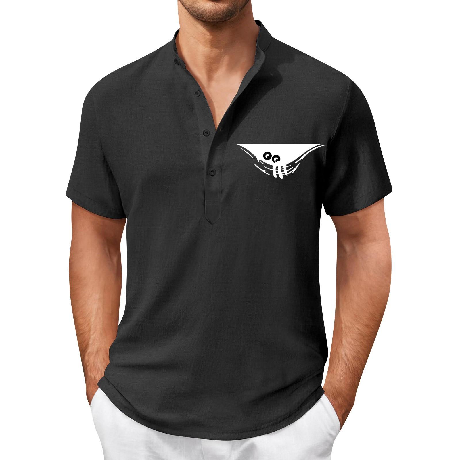 

Винтажная летняя мужская футболка, уличная одежда, 3 пуговицы, свободная одежда, футболка с коротким рукавом и принтом XL чёрный