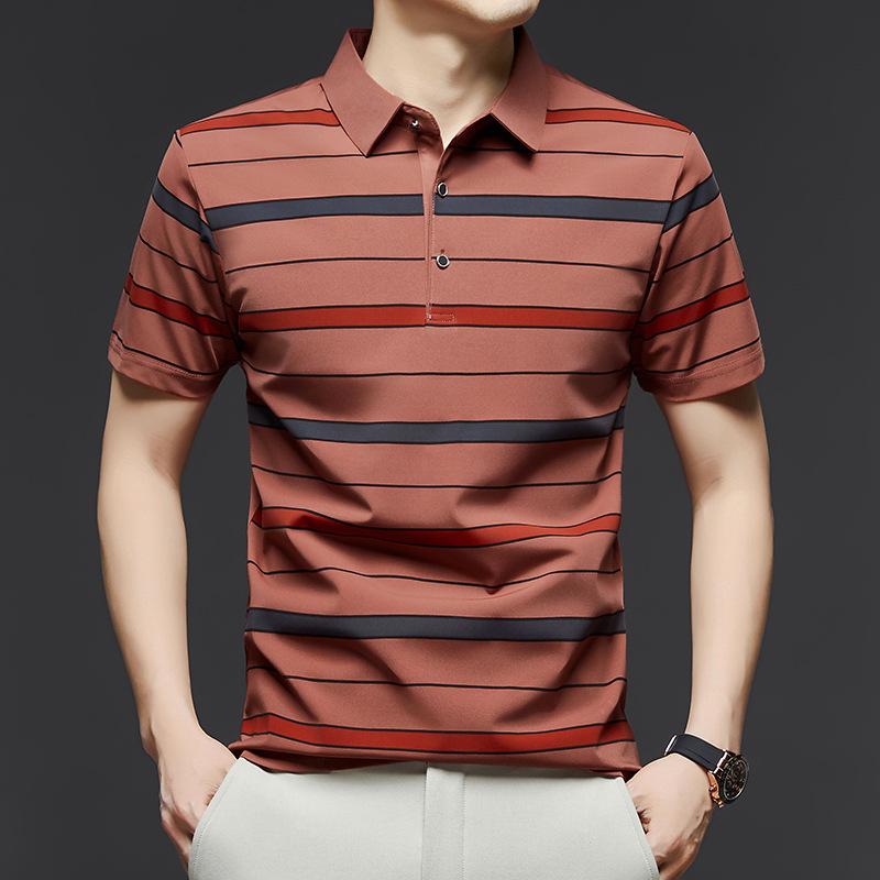 Short Sleeved Men's Polo Shirt Summer New Business Casual Striped Thin Ice Silk T-shirt Base Shirt