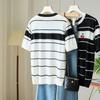 2025 New Summer Round Neck Stripe Color blocked [Cherry Embroidery] Short sleeved Knitted T-shirt Top for Women