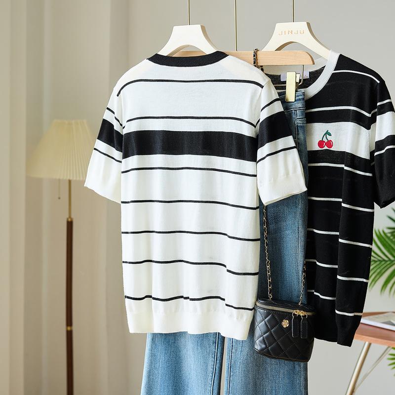 2025 New Summer Round Neck Stripe Color blocked [Cherry Embroidery] Short sleeved Knitted T-shirt Top for Women