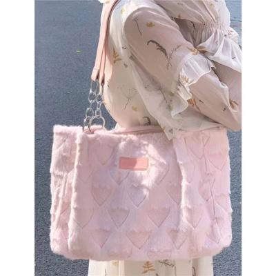 Süße pelzige Damen-Tragetaschen mit Herzmotiv, süße Schulter- und Unterarmtaschen, einfarbig, Damenmode, Plüsch-Handtaschen
