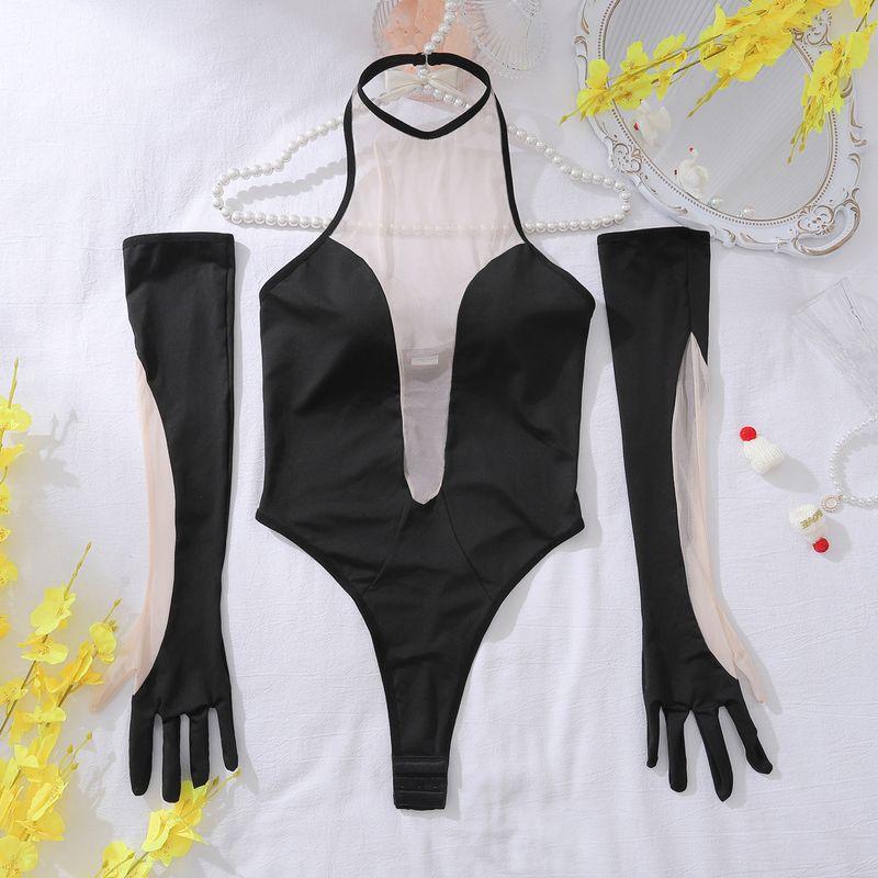 

Fashion New Mesh Joint Jumpsuit Lady Sexy Tight See-through Underwear Tops with Gloves Can Be Opened Black complexion crotch can be opened L