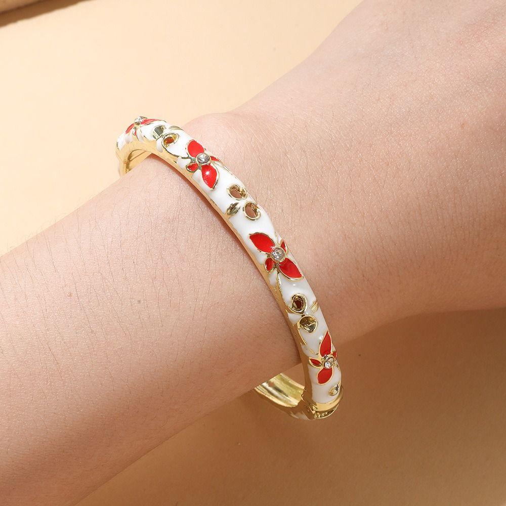 Elegant Open Cuff Bracelet Chinese Style Women's Floral Bracelet Enamel Flower Bangle Bride