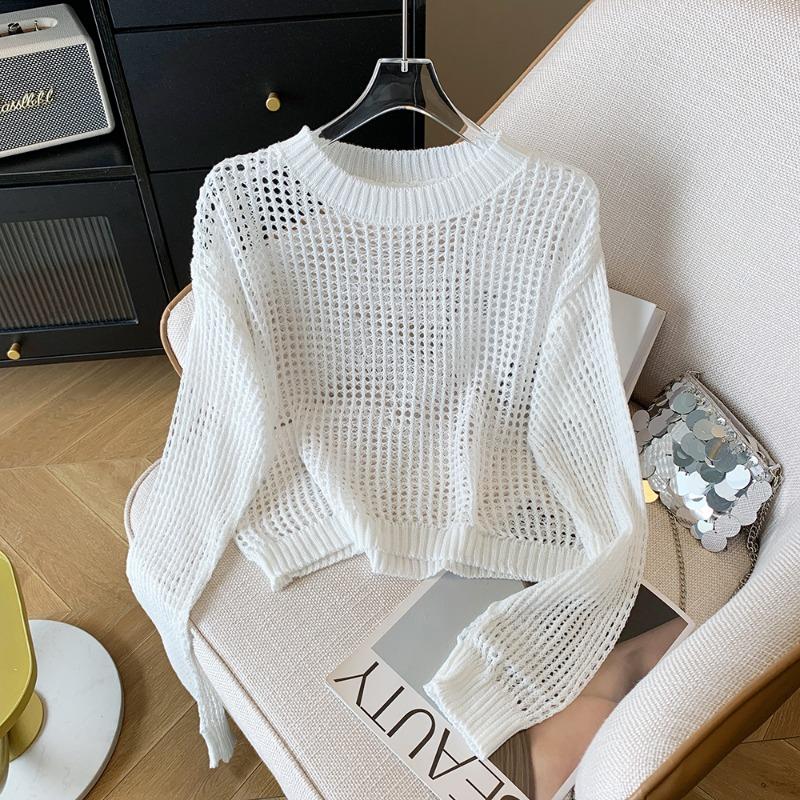 Spring Autumn Sunscreen Knitted Sweater Tops Women Korean Fashion New Long Sleeve Hollow Out Loose Short Tops Cover Up Hollow Thin Blouse 1410