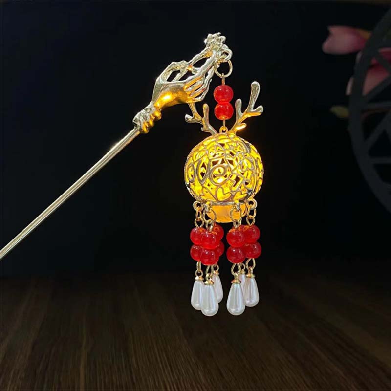 Chinese Rabbit Lantern Hair Pin Clips Hair Sticks LED Light Hair Accessories for Women Kids Retro Lotus Flower Tassel Headpieces