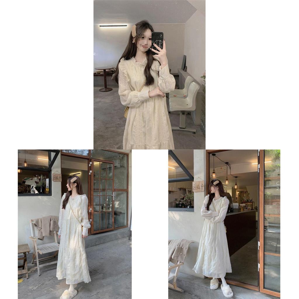 Spring Women Lace Dress With Long Sleeves And Ruffle Hem For Casual And Travel