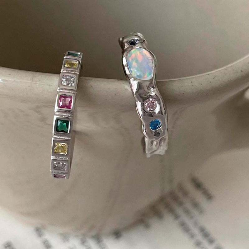 Stylish Opal Stone Seven Color Diamond Ring For Women Contemporary Fashionable Open Design