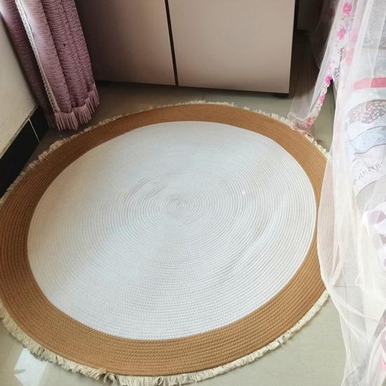 Braided Round Area Rug Vintage Cotton Rope Floor Mat with Fringe Washable Rustic Tassel Carpet for Living Room Bedroom