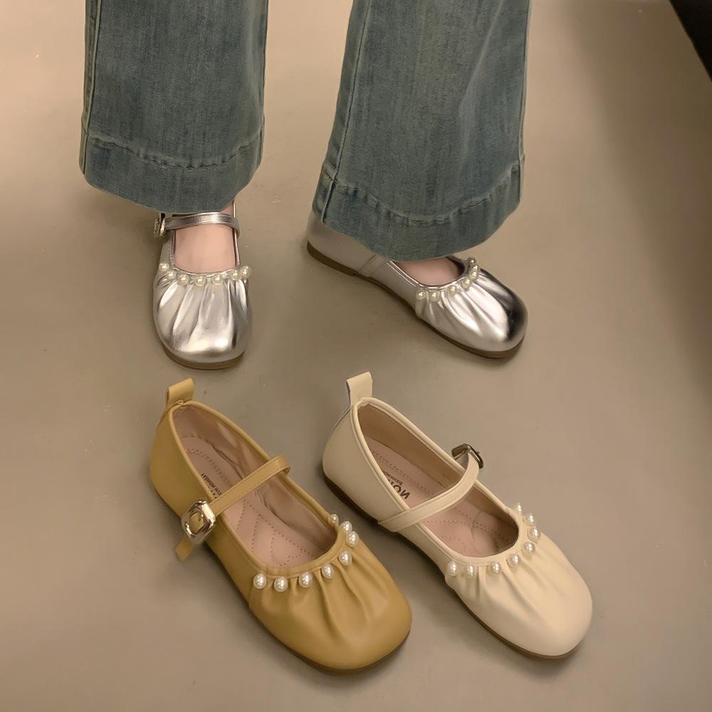 French Mary Jane Shoes Girl 2025 Autumn New Pearl Fairy Night Evening Wind Large Size Soft Sole Ballet Grandma Shoes